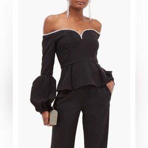 Self-Portrait crystal embellished black crepe puff sleeve top. Size 2